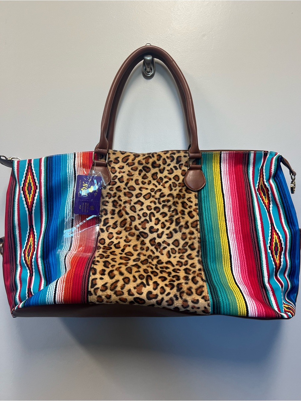 Multi-Color Striped Tote with Leopard Center and Brown Handles